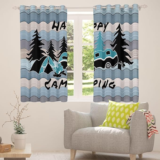 Camper RV Trailer Blackout Curtains,Tent Bonfire Campfire Pine Nature Window Drapes,Wooden Plank Cabin Rustic Nursery Bedroom Playroom Decor,Country Blue 2 Panels,42Wx84L inch