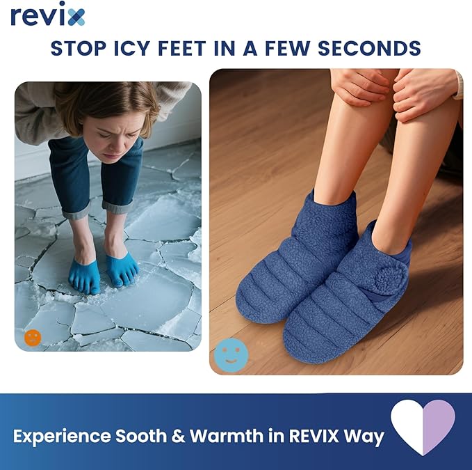 REVIX Microwavable Booties for Cold Feet Moist Heat Therapy, Heated Slippers Women & Men for Soothing Cold Foot, Microwavable Foot Warmers, Non-Slip Sole & Adjustable Fit, Navy S