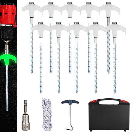 10PCS Camping Tent Stakes - Heavy Duty, 8 Inch Screw in, Nightglow Metal, with Hex Head Driver, Nail Lifter, Ropes, White