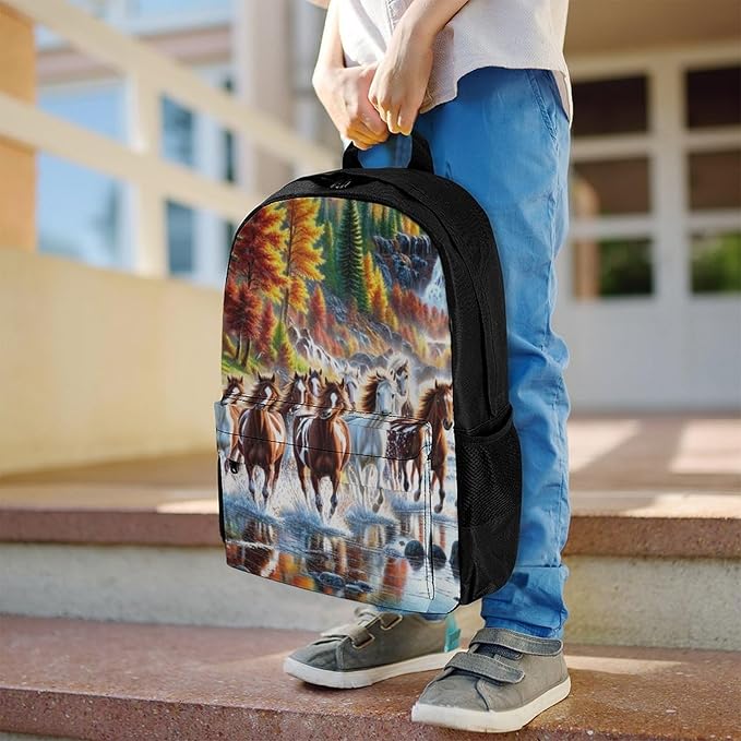 Supdreamc Daypack Backpack Polyester Multipurpose Anti-Theft Beautiful Horses Running In River Waters Shoulder Bag Big Capacity Gym Outdoor Hiking Backpack With Smooth Zippers