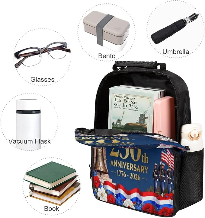 Men Women Polyester 250 Years 1776-2026 250th Birthday Eagle Liberty Art Daypack Big Capacity Shoulder Bag With Smooth Zippers for Hiking Work Walking Cycling