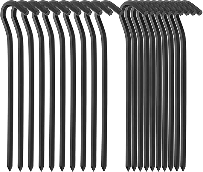 20Pcs Metal Tent Pegs with Hooks. 7 inches Durable Garden Stake Ground Anchors Awning Metal Hooks. Heavy Duty, Waterproof & rustproof. Ideal for Camping, Yard Decor, Picnic & tarp(Black)