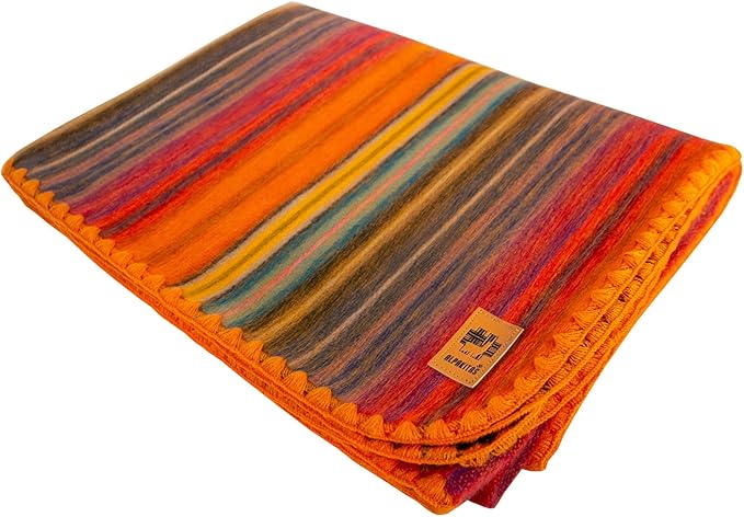 Alpaca Wool Blanket - Twin Size Throw & Warm, Lightweight, Couch or Camp - Outdoor - 75 x 38 Inches (Orange)