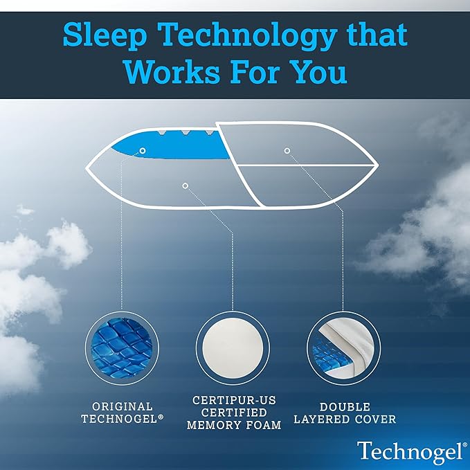 Technogel Contour Pillow with Cooling Gel – Ergonomic Neck, Shoulder and Cervical Support – Memory Foam with Temperature Regulation – for Back, Side Sleeper - Dual Heights Design, (4" & 4.5")