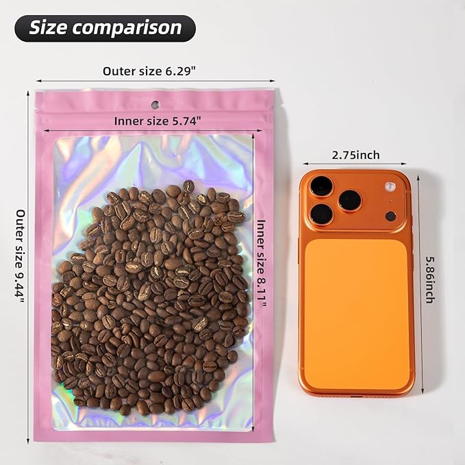 50Pcs Pink Holographic Mylar Bags, 6.3x9.4 inch Resealable Foil Zipper Pouches for Gummies, Party Favors, Small Business Packaging