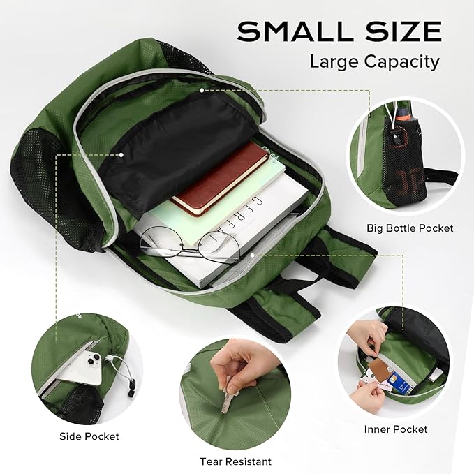 15L Water-resistant Hiking Daypack, Small Backpack Travel Outdoor, Lightweight Packable Day Pack Carry On for Women Men Adults