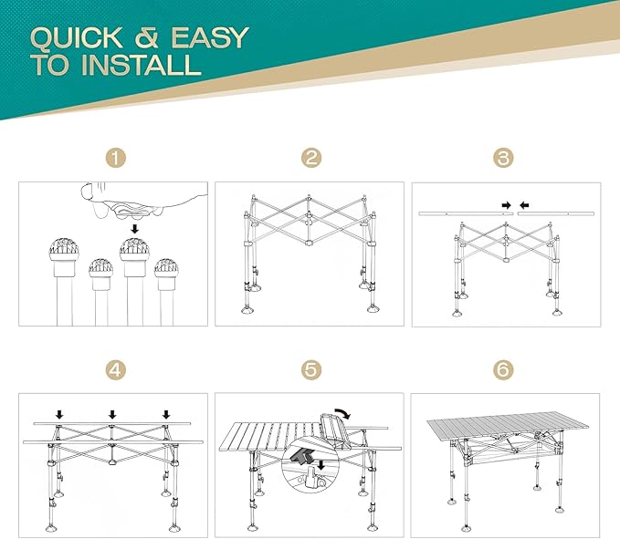 Height Adjustable Camping Table Tall Large Outdoor Folding Camping Table with Wide-Base Anti-Sink Legs & Carry Bag for Camping BBQ Beach Backyard (Beige)