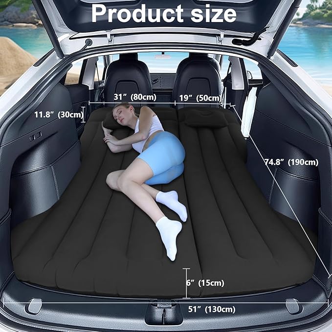 Car Air Mattress, Inflatable Bed Compatible with Tesla Model Y, Thickened Comfortable Durable, Foldable Mattress for Trunk/Rear Seat, Air Bed for Sleep Camping Travel (Black)