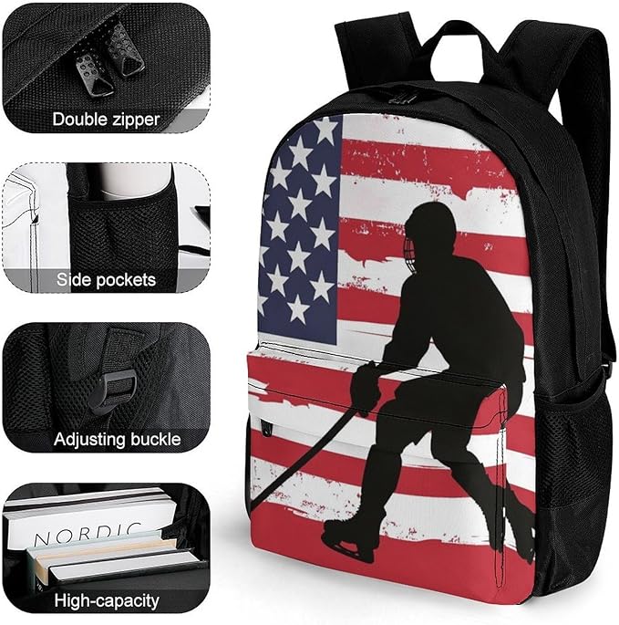 Supdreamc Backpack Anti-Theft Multipurpose Large Capacity Carry On Bag, American Hockey Flag Art Camping Outdoor Backpack With Side Pockets