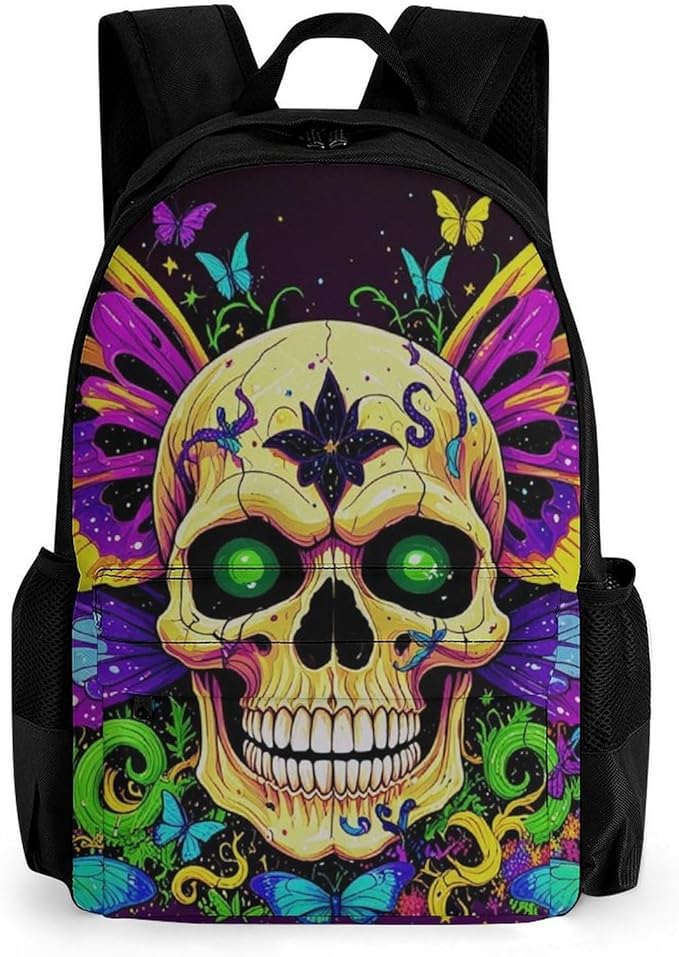 Rucksack Polyester Anti-Theft Multipurpose Skull And Butterflies Carry On Bag Large Capacity Travel and Sport Backpack Rucksack With Smooth Zippers