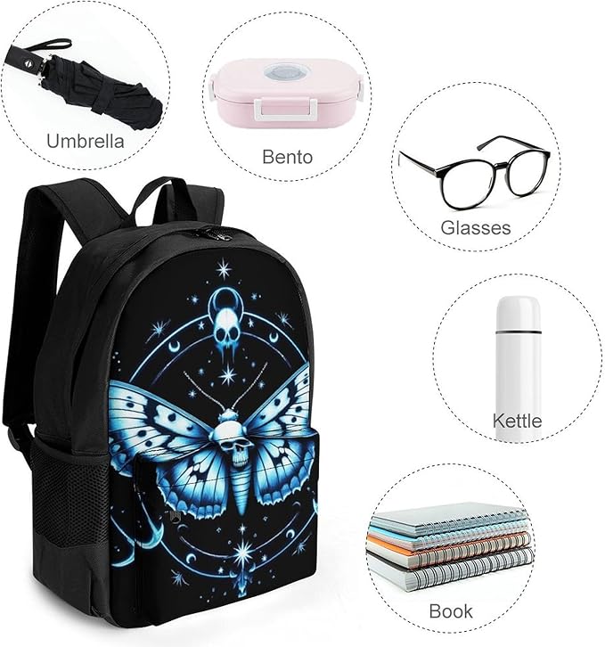 Adults Lightweight Goth Moth Dead Skull Moon Shoulder Book Bags Big Capacity Shoulder Bag With Adjustable Shoulder Straps for Trekking Work Walking Cycling