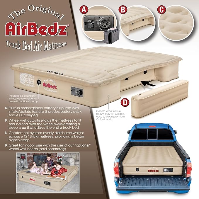 Pittman - Tacoma Truck Bed Mattress 6.5 Foot > 6ft - Airbedz Mid Size Truck Bed Air Mattress 6.5' - Built in Pump & 25% More Coverage for Pickup Camping - PPI-503