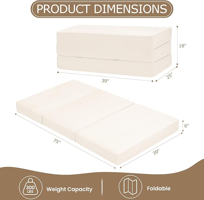 6-Inch Tri-Fold Mattress Twin Size - Foldable Futon Sofa Bed with Removable Washable Cover, Folding Memory Foam Futon Mattress | Non-Slip Bottom & Carry Handles for Guest, Camping, Dorm