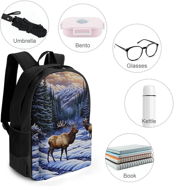 Supdreamc Casual Daypack Multipurpose Anti-Theft Large Capacity Carry On Bag, Elk Winter Snow Casual Daypack Climbing Shoulder Bag With Padded Straps