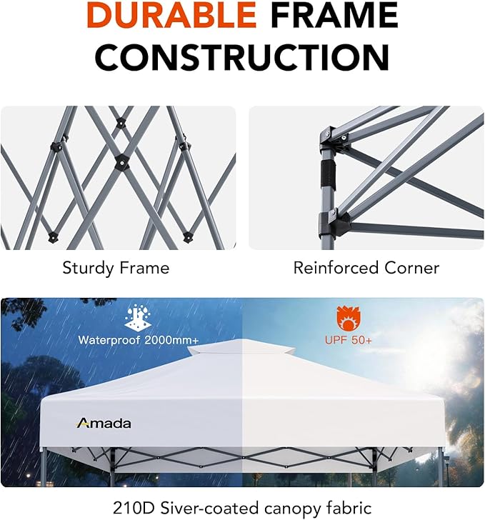 Amada 10x10 Pop Up Canopy - Center Lock One Push Instant Setup Gazebo Outdoor Canopy Beach Tent with STO-N-Go Bag 8 Stakes & 4 Sand Bags, 3-Height Adjustable Shade Shelter (10x10ft, White)