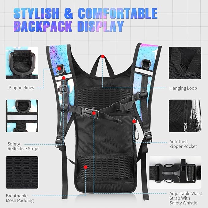 Hydration Backpack, Festival Rave Hydration Pack, Water Backpack with 2L Hydration Bladder, Rave Backpack Hydration Pack Hydropack Hydro for Hiking, Biking, Festivals, Raves