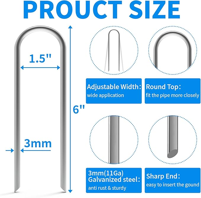 MySit 50 Pack 6 Inch Garden Stakes,11 Gauge Galvanized Yard Staples U Shape Fences Drip Irrigation Stakes Landscape Staples for Landscape Fabric, Soaker Hose, Dog Fence, Drip Tubing