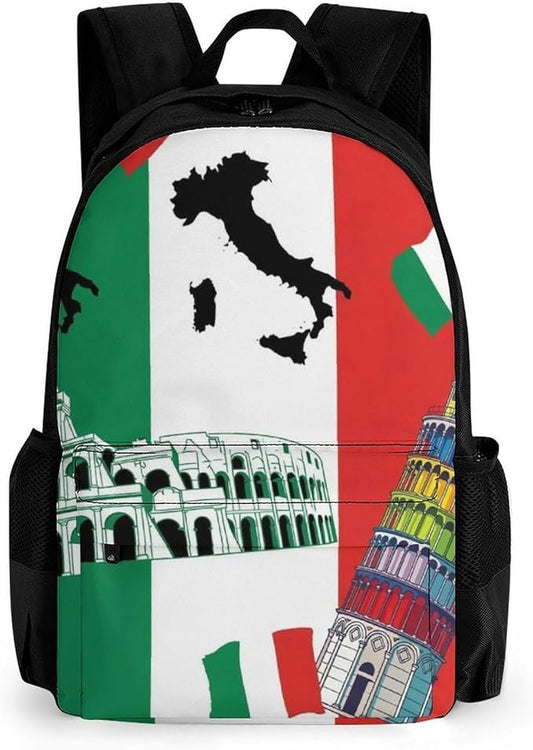 Polyester Daypack Backpack for Climbing Outdoors Running, Big Capacity Multipurpose Anti-Theft Bookbag, Pisa Tower Italian Flag Travel Hiking Camping Rucksack
