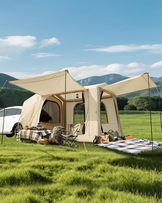 Inflatable SUV Tents for Camping, Pop Up Car Tent, Large SUV Tent Attachment for Camping, 2 in 1 Inflatable Tents Attach to Back Car with AC Port - Khaki