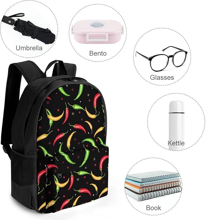 Supdreamc Polyester Daypack Backpack for Trekking Picnic Walking Cycling, Large Capacity Anti-Theft Multipurpose Shoulder Bag, Red Green Chili Pepper Casual Daypack