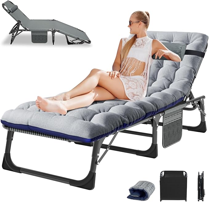 LILYPELLE Lounge Chair with Mattress, Heavy Duty Outside Lounge Chair Outdoor Portable Folding Lounge Chairs Sleeping Cots Bed for Camping, Pool, Beach, Patio