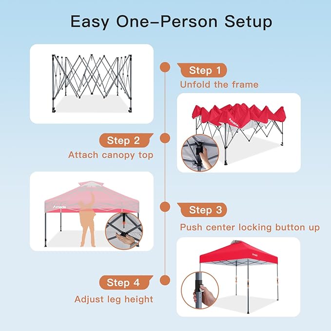 Amada 10x10 Pop Up Canopy - Center Lock One Push Instant Setup Gazebo Outdoor Canopy Beach Tent with STO-N-Go Bag 8 Stakes & 4 Sand Bags, 3-Height Adjustable Shade Shelter (10x10ft, Red)