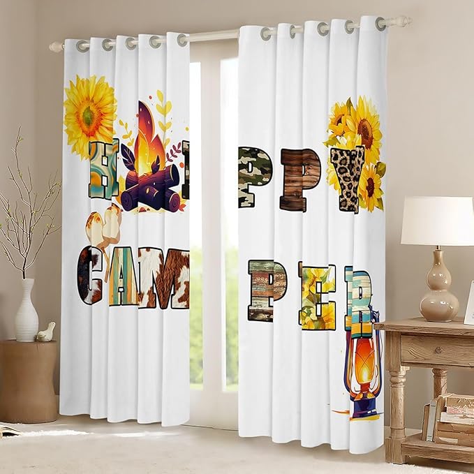 Erosebridal Happy Camping Window Drapes Animal Fur Print Camouflage Blackout Curtains 52"Wx63"L Country Campfire Flowers Curtains for Bedroom Living Room,Woodland Farmhouse Window Treatments 2 Panels