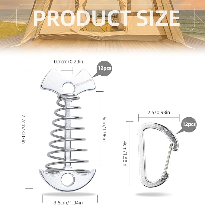Deck Anchors XINCAMPING 12pcs Aluminum Tent Pegs for Wooden Decks, Windproof Rope Tighteners & Adjusters for Tents, Canopies, Camping Furniture Silver