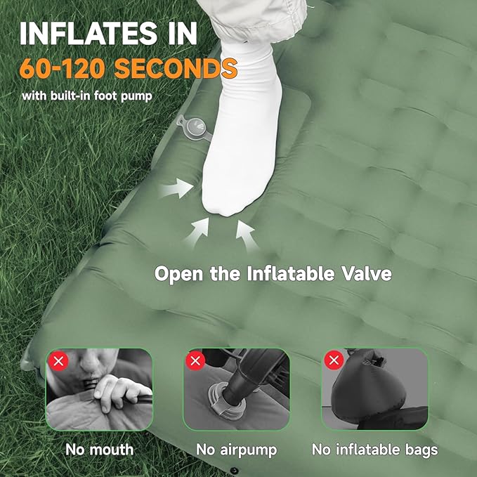 Camping Sleeping Pad, 6" Extra Thick Sleeping Mat with Pillow Built-in Foot Pump, 32.7" Extra Wide Inflatable Sleeping Pads Compact for Camping Backpacking Hiking Traveling Tent (Green)