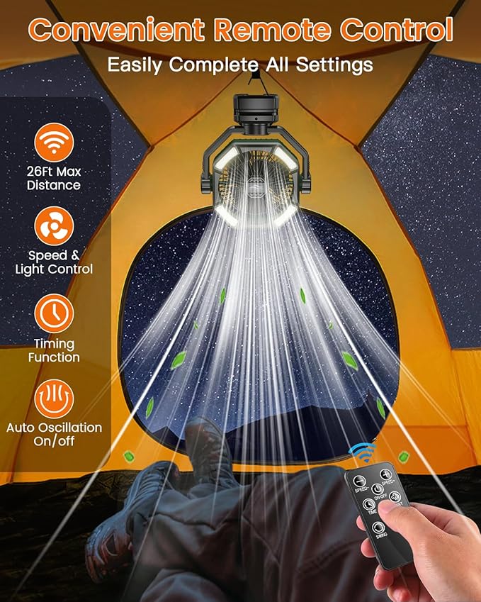 coldSky Camping Fan with Dual Motor, 20000mAh Clip On with Digital Display, 9-Inch Portable Battery Operated with LED Lantern, Tent Fan for Camping with Remote, 5 Speeds, 4 Timing, Outdoor Green
