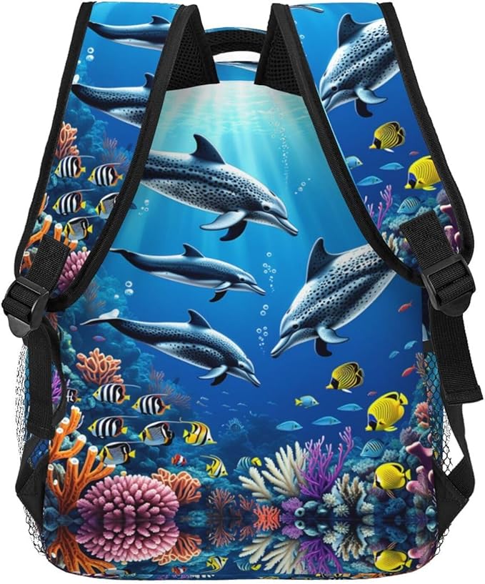 Casual Daypack Multipurpose Anti-Theft Large Capacity Carry On Bag, Colorful Sea Ocean World Dolphin Tropical Fishes Coral Art Casual Daypack Climbing Shoulder Bag With Padded Straps
