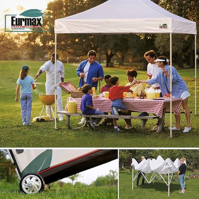 Eurmax USA 8'x12' Pop-up Canopy Tent Commercial Instant Canopies with 4 Removable Zipper End Side Walls and Roller Bag, Bonus 4 SandBags(Beige)