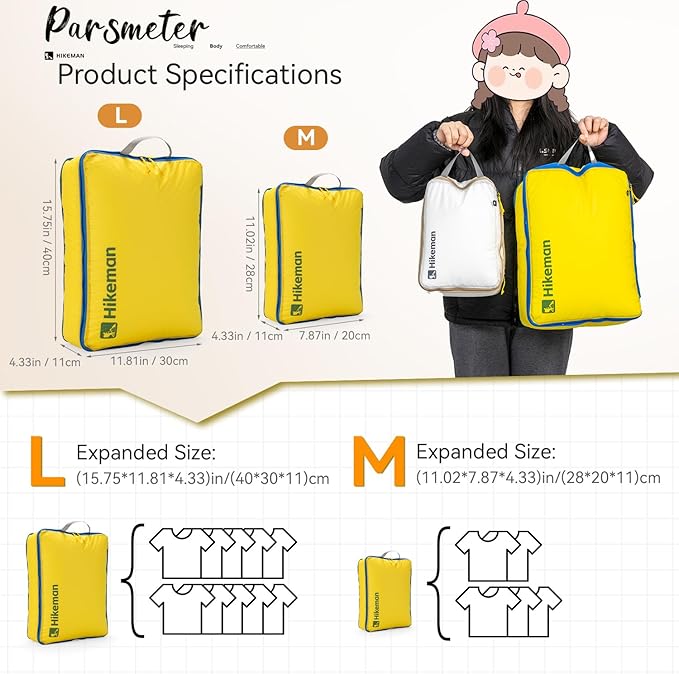 HIKEMAN Ultralight Compression Packing Cubes Lightweight Compression Bags for Camping or Backpacking 40% Space-Saving Compression zippers durable Water-Resistant Fabric (White, Medium)