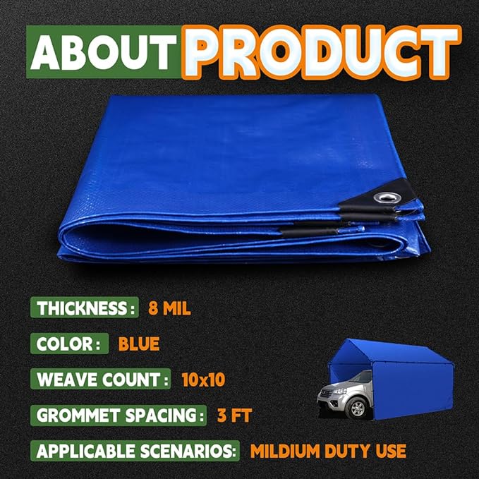 Blue Tarp 10x12 Feet, 8 Mil Thick, UV Resistant, Multipurpose Waterproof Poly Tarp Cover with Metal Grommets and Reinforced Edges by RAINDEWAY