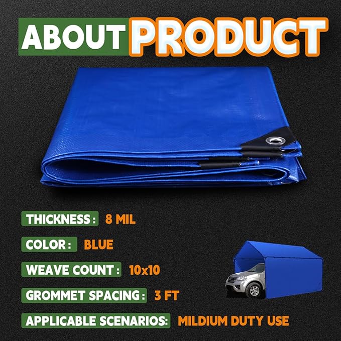 Blue Tarp 12x14 Feet, 8 Mil Thick, UV Resistant, Multipurpose Waterproof Poly Tarp Cover with Metal Grommets and Reinforced Edges by RAINDEWAY