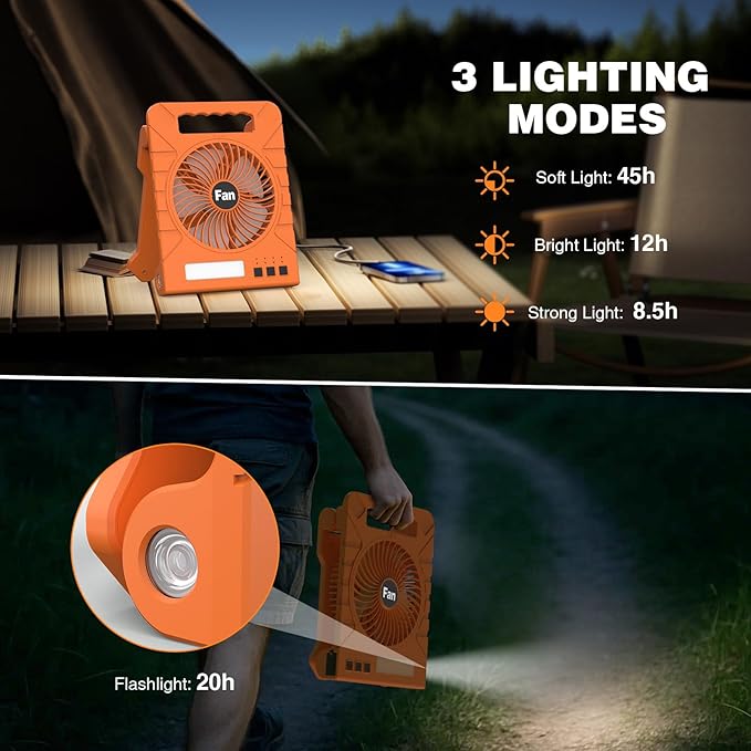 Portable Solar Camping Fan, 4000mAh Rechargeable Battery Fan with LED Lantern, 4 Speeds & Timers, Quiet Fan for Outdoor, Tent, Fishing, Chicken Coop, Emergency, Worksite