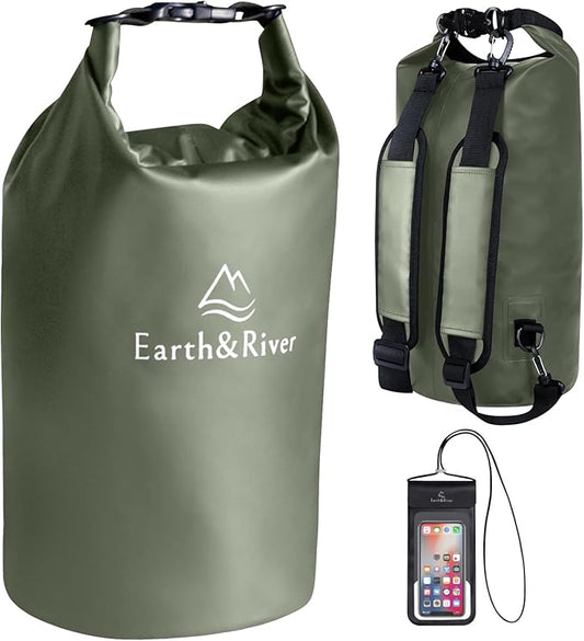 EARTH&RIVER Premium Waterproof Dry Bag Backpack, Extra Thick, Protection for All Water Activities & Camping, Floating Lightweight Dry Bag & IPX8 Waterproof Phone Case (Army Green, 10L)