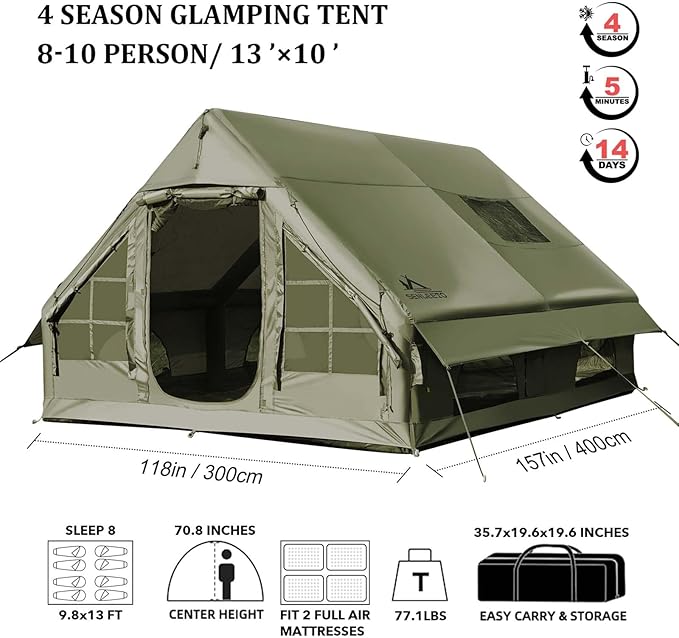 Inflatable Tents for Camping, Large Inflatable Camping Tent with Hand Pump, Easy Setup Tents for 2/4/6/8/10/12 People, Portable Glamping Tent