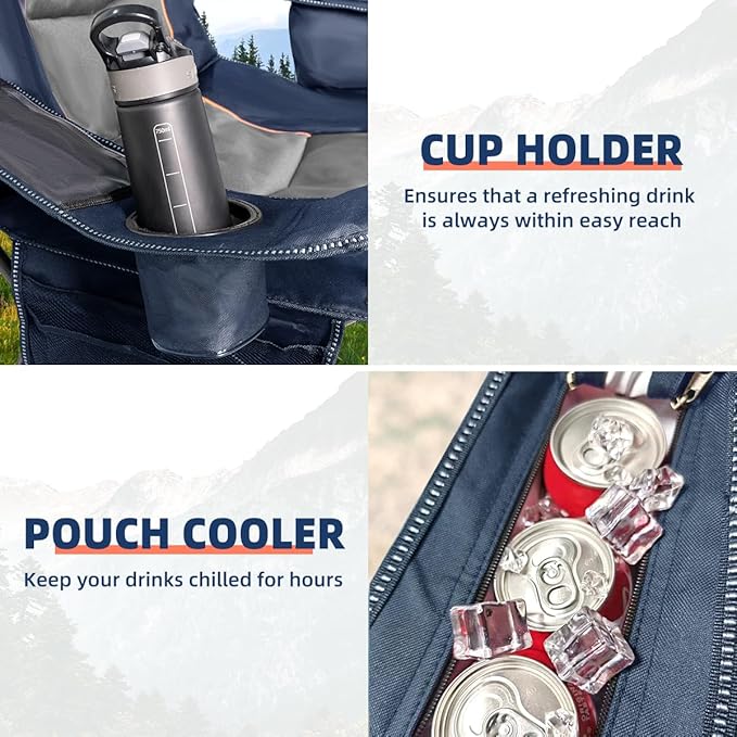 Oversized Camping Chair Heavy Duty 500LBS - 2 PCS Folding Outdoor Chair with Cooler Bag, Storage Pockets, Portable Collapsible Lawn Chairs for Adults (Blue & Gray)