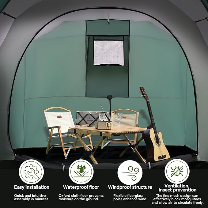 2-4 Person Family Camping Tent with Porch, Weatherproof Camping Shelter with Rainfly, 2 Room Easy Set Up Family Tent with Living Area for Outdoor, Backyard, Hiking