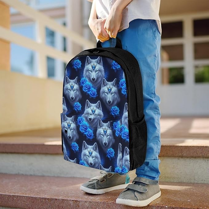 Convenient Anti-Theft Dual Shoulder Bag for Biking and Hiking Adventures, Blue Rose Wolf, Travel Hiking Daypack