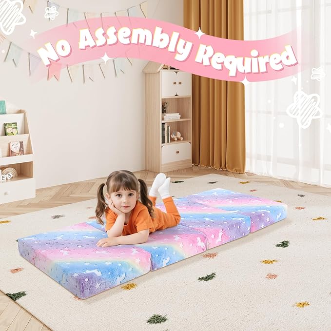 MeMoreCool Kids Folding Mattress, Trifold Mat Foldable Floor Mattress for Kids, 63x26 Portable Floor Mat with Washable Cover and Carry Bag, 4 Inch Foam Medium Firmness, Rainbow