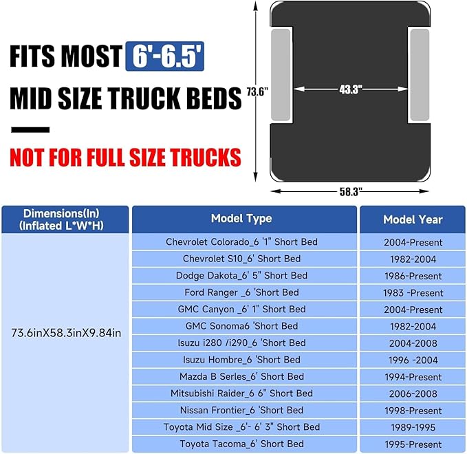 Umbrauto 6-6.5ft Mid SizeTruck Bed Air Mattress for Short Beds, Inflatable Mattress with Pump for MidSize Pickup Bed Tent Camping, Pick Up Truck Sleeping Pad for Outdoor Travel