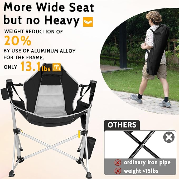 Romswi 2Pk Aluminum Hammock Camping Chair with Footrest, Oversized Portable Swinging Chair with Adjustable Back & Seat, Lightweight Folding Rocking Camp Chair Supports 440lbs for Outdoor, Patio Black