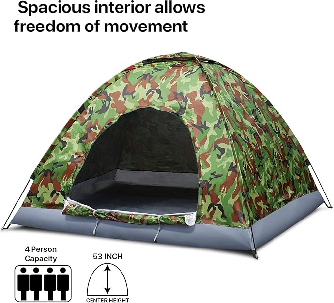 Flexzion 4 Person Camping Tent, Camouflage - Large Waterproof Lightweight Family Tent with Portable Carrying Bag, Ventilation Window Mesh, Easy Setup for Trekking Hiking Hunting