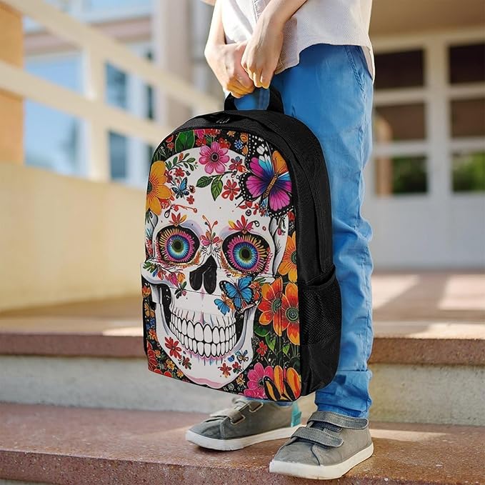 Supdreamc Polyester Daypack Backpack for Climbing Outdoors Running, Big Capacity Multipurpose Anti-Theft Bookbag, Magical Skull Flowers Art Travel Hiking Camping Rucksack