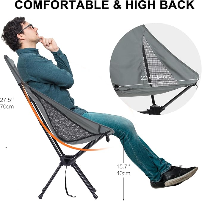 Foldable Lightweight High Back Camping Chair for Outdoor, Portable Travel Chair for Adults, Gray