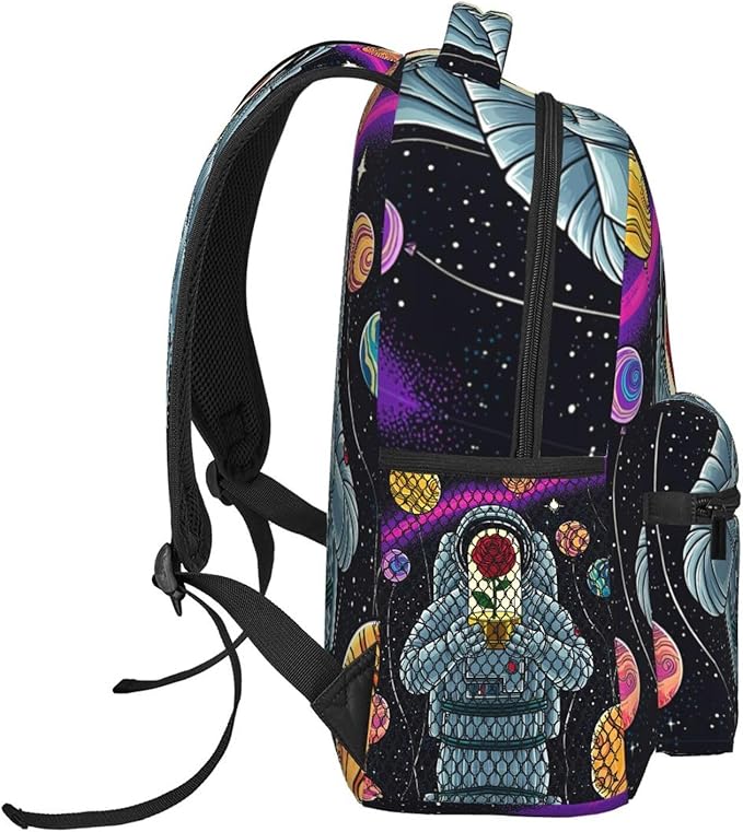 Men Women Lightweight,Astronaut Starry Sky Roses Colorful Planet Art Casual Daypack Big Capacity Bookbag With Padded Straps for Gym Travel Walking Cycling