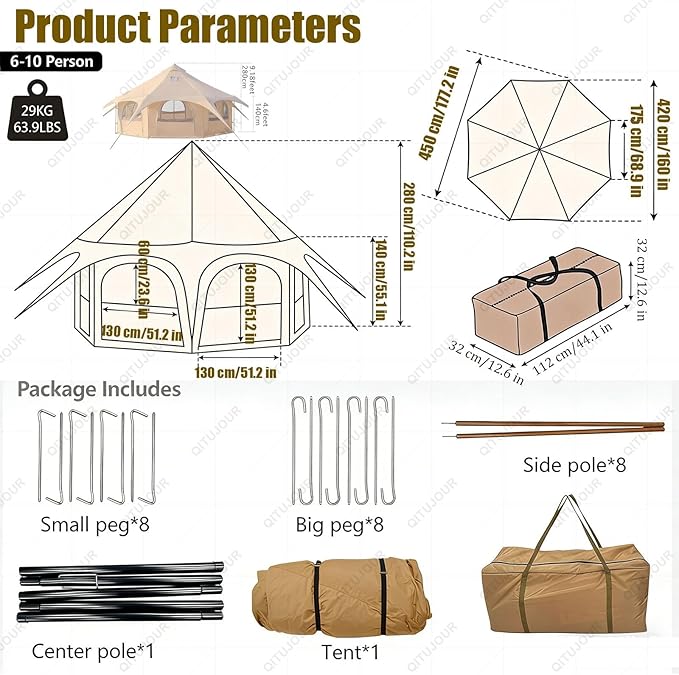 Canvas Bell Tent, Three Assembly Methods Large Yurt Tent with Stove Jack for Camping & Glamping, 15 Person Maximum Space, Waterproof 4 Season Hot Tent with 8 Mesh Windows & Removable Floor