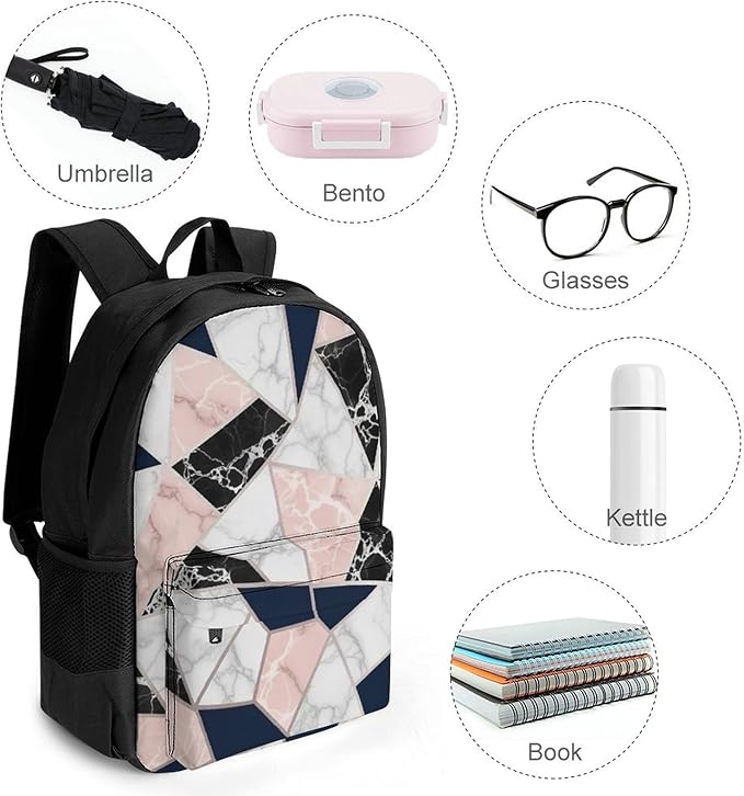 Men Women Lightweight 80S Pink Rose Gold White Blue Geometric Marble Pattern Backpack Large Capacity Bookbag With Smooth Zippers for Gym Business Running